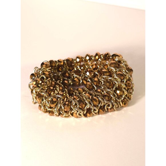 Gold & Bronze Beaded Chainmail Stretch Bracelet Multi-Strand Women's Elegant Jew - Picture 2 of 6